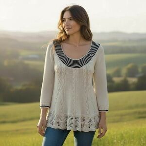 Vintage Sparrow Anthropologie Cable Knit Cotton Ivory Sweater Size M